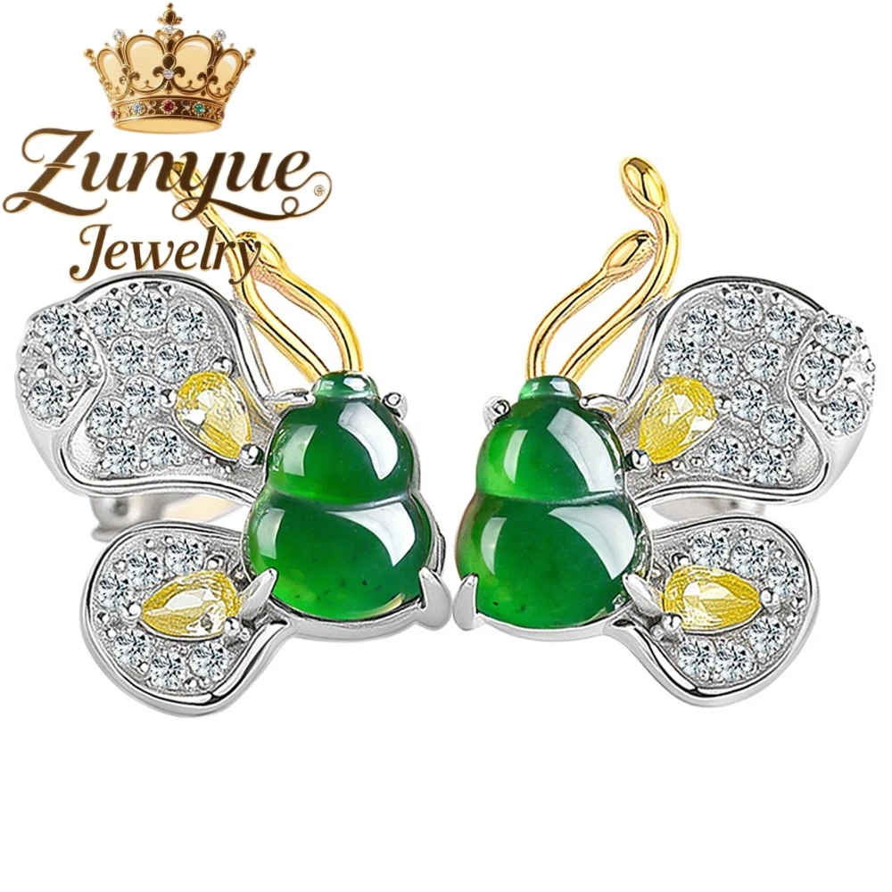 

S925 Silver-Inlaid Natural A-Grade Jadeite Green Gourd Butterfly Stud Earrings Ice-Type Jade Fashionable Earrings For Ladies