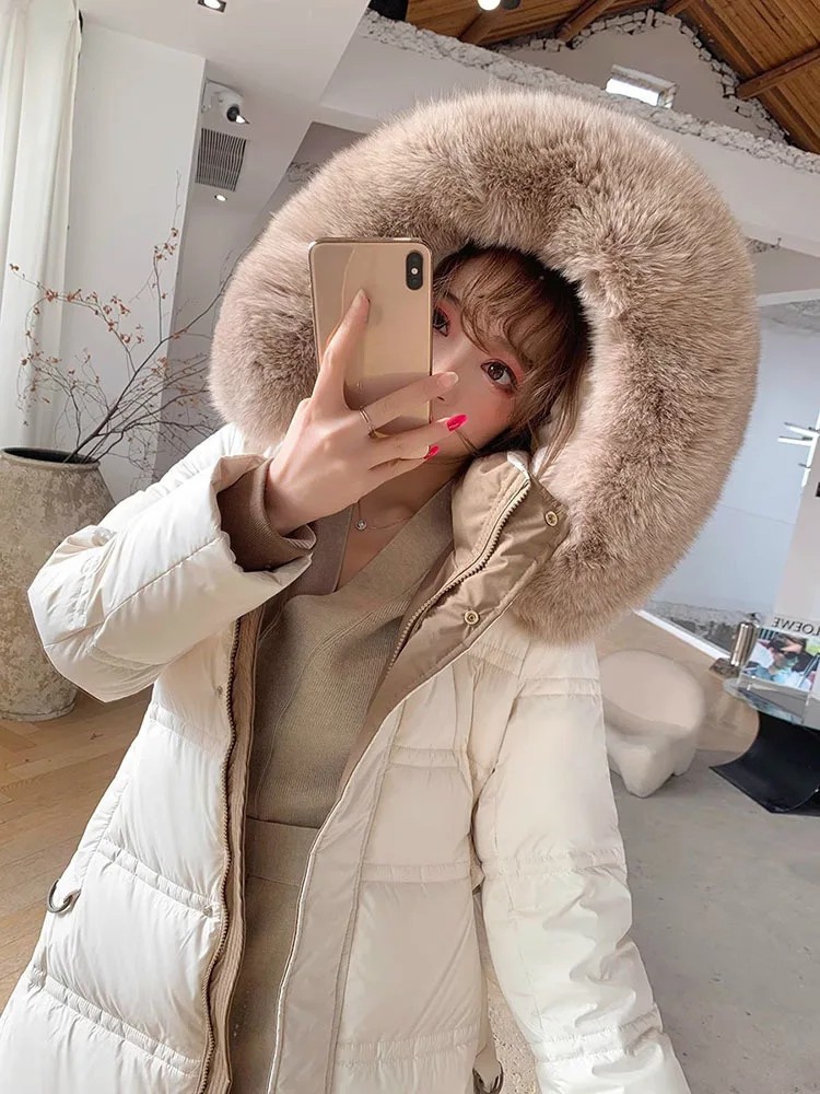 New High-Grade Women\'s Fox Fur Collar Down Jacket Winter Coat Cold 90% White Duck Down Outerwear Long Hooded Parker Overcoat