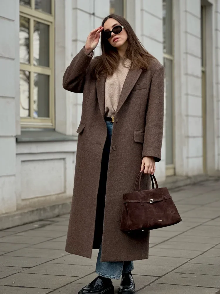 

Brown Oversized Wool Blend Overcoat Women Elegant Lapel Single-breasted Long Sleeve Coat Office Lady Commute Street Outerwear