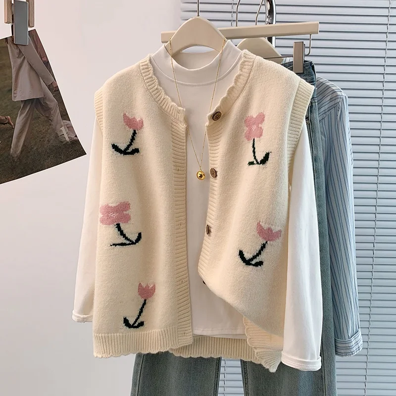 Luźny kardigan bez rękawów z kwiatowym haftem, modny, jesienno-zimowy, nowy, dla kobiet plus size...