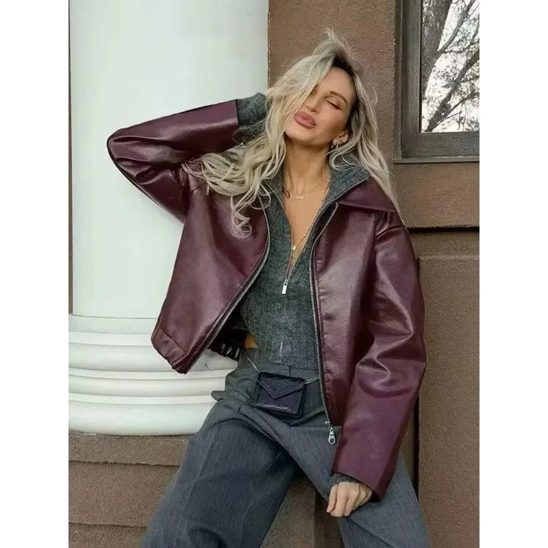 الخريف الشتاء الشارع الشهير السيدات بلايز النساء 2025 النبيذ الأحمر فو الجلود سترة موضة ملابس خارجية رشاقته سستة التلبيب بولي Coats معاطف #6