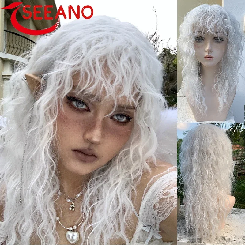 SEEANO Synthetic Cosplay Wig Long Curly With Bangs White Wig Pure White Wool Roll Lolita Women Halloween Cosplay Wig Female