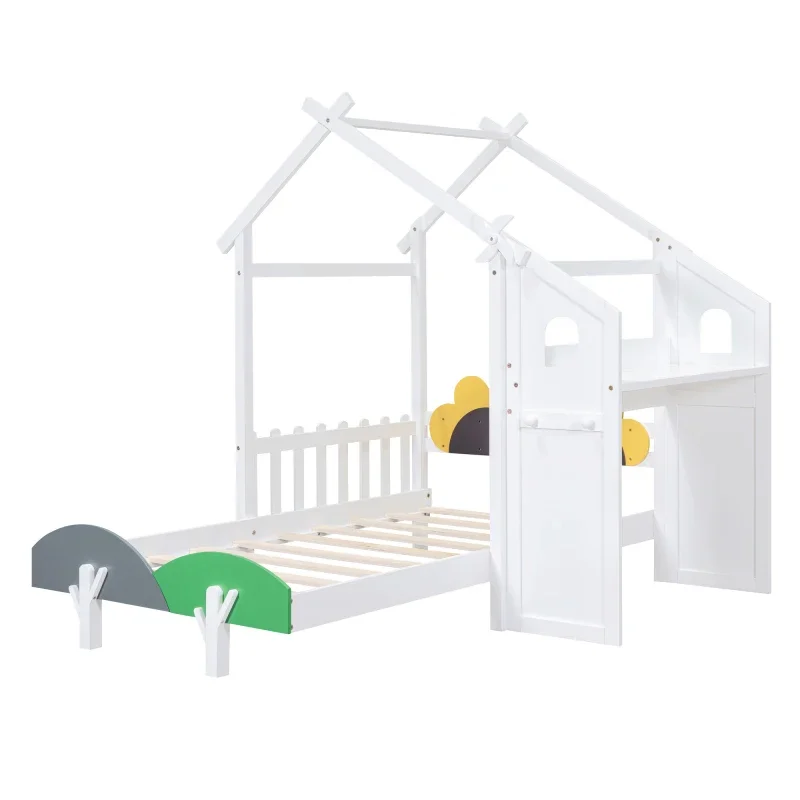 Twin Size Platform Bed with Windmill and Flower Decor, House Bed with Desk and two Handles for indoor bedroom furniture, White