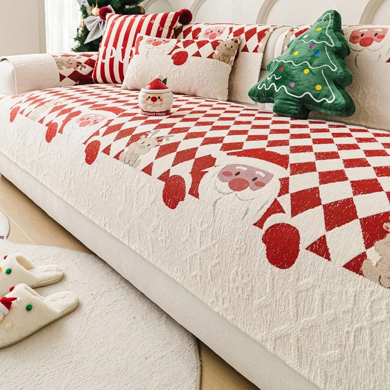 Christmas Chenille Sofa Mat Cover Pet Kids Couch Towel New Year Xmas Furniture Protector Non-Slip Sofa Pad for Home