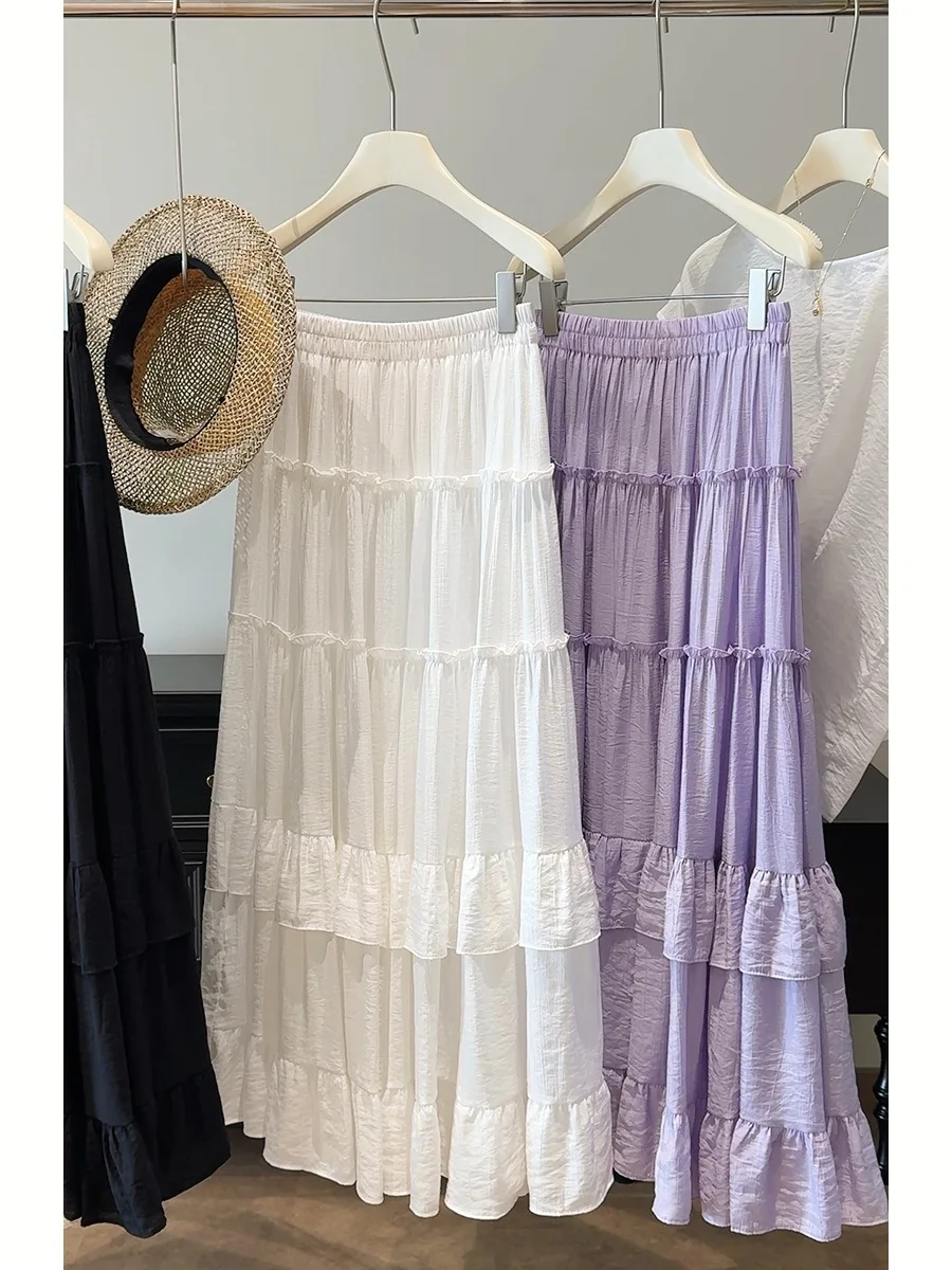 Harajuku Niche Purple Layered Ruffled A-line Skirt For Women High-waist Loose Flowy Umbrella Skirt Elegance Summer Vacation Wear