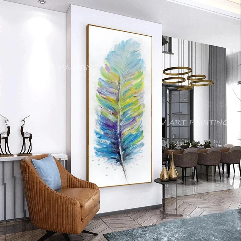 Multicolor Watercolor Feather Artwork 100% Hand Painted Oil Painting, Thick Texture White Background Canvas Wall Decor Picture
