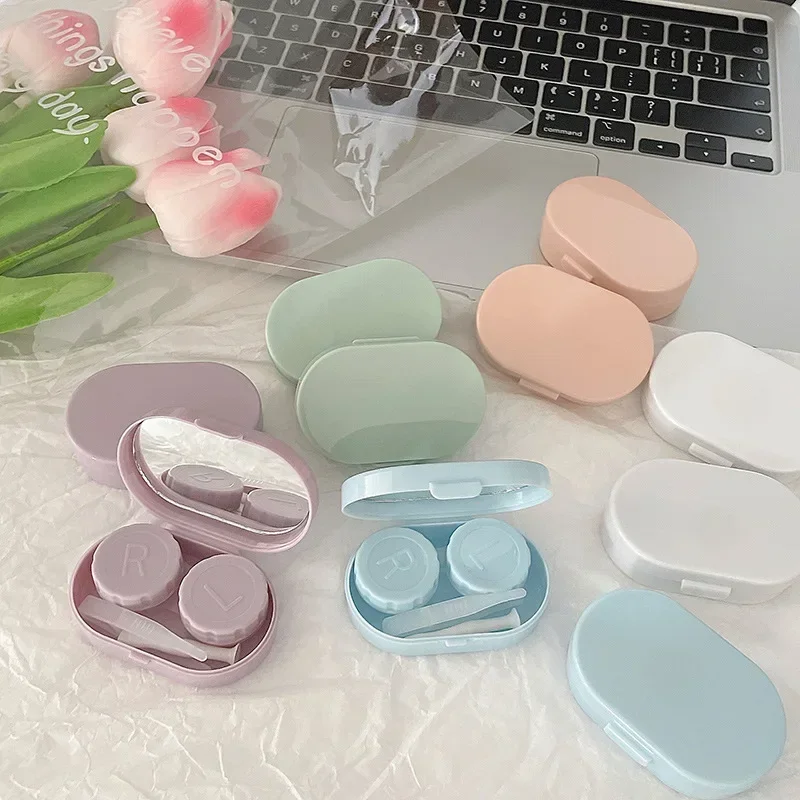 1PCS Solid Colour Contact Lens Cases with Mirror Cute Contact Lens Box Square Women Girls Travel Contact Lenses Kit Girl Heart