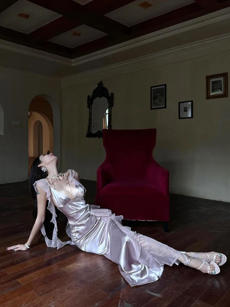 RORORIRI fluide à volants point Satin robe Camisole femmes désir diamant col en v plissé fendu moulante longue robe Sexy robe de soirée