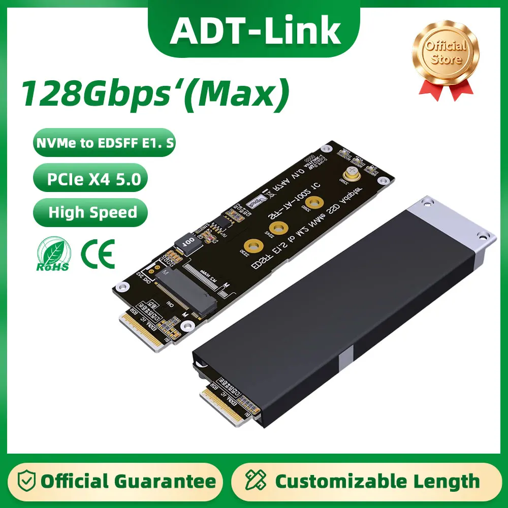 

Адаптер ADT-Link PCIex4 5.0 NVMe M.2 для EDSFF E1. Адаптерная карта S-типа с алюминиевым корпусом Gen5 128G/bps, подходит для серверных шасси 1U