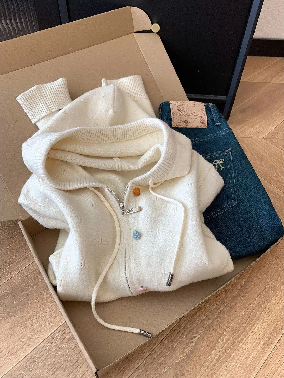 Thickened Double Zipper Hooded Knitted Sweater Cardigan Women's Design Top Korean Style Loose Fit Autumn Outerwear