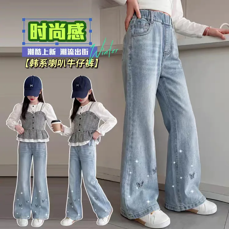 New Kids Teenager Spring Autumn Flare Jeans with Bow Rhinestone for Girls Fashion Casual Bootcut Denim Pants Children Trousers