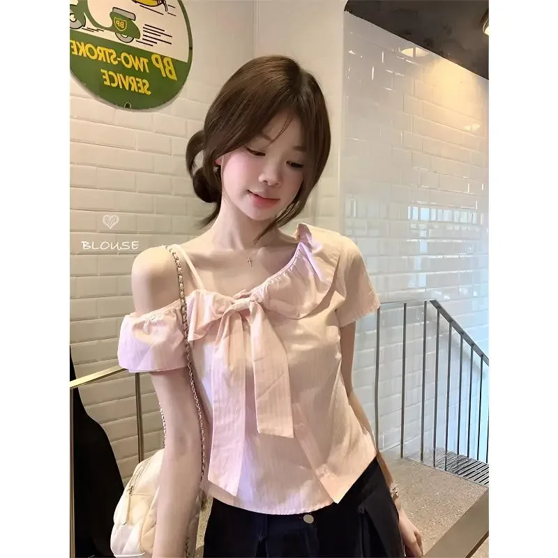 

Women's Pink Bow Off-Shoulder Blouse Striped Short Sleeve Sweet Slim Fit Summer Top