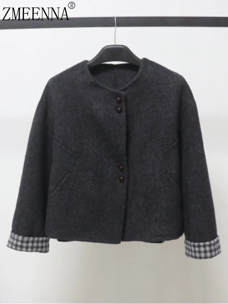

ZMEENNA женская темно-серая шерстяная короткая куртка без воротника свободного покроя в клетку с манжетами в клетку осень-зима верхняя одежда ZM4297