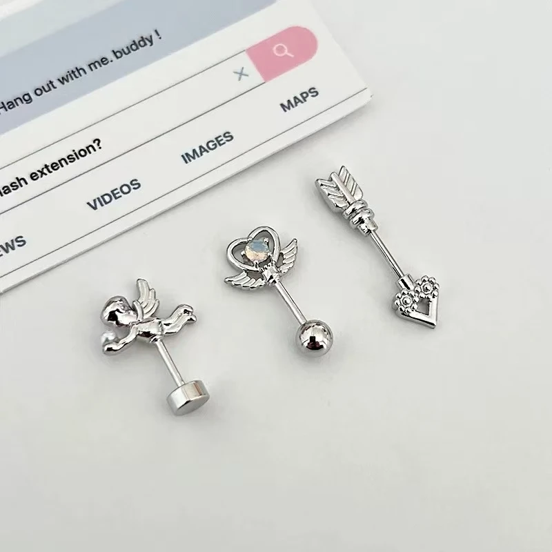 1 PCS Cute Cupid Ange 316L Stainless Steel Ear Bone Nail Silver Color Heart Wing Conch Piercing Earrings For Women Jewelry Gifts