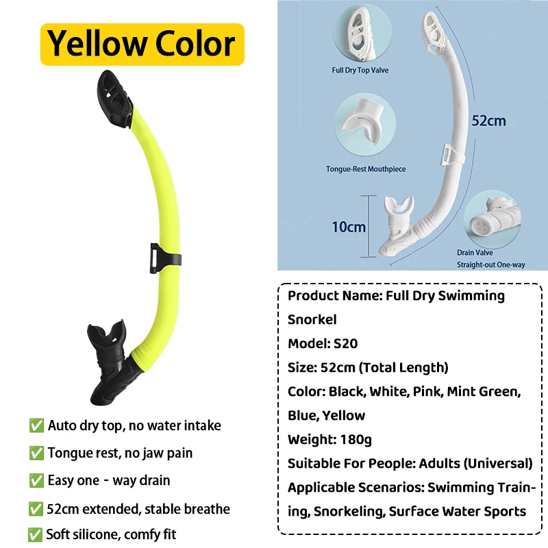 

Полноразмерный сухой шноркель для взрослых, мундштук с фиксацией языка, трубка для плавания и снорклинга, удлиненный тренировочный шноркель 52 см с односторонним клапаном
