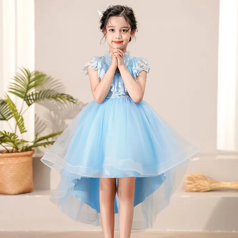 Child Embroidered Leaf Kid Dress Elegant Evening Dress Sleeveless Short Mesh Party Performance Dresses 3 4 5 6 7 8 9 10 11 12yrs