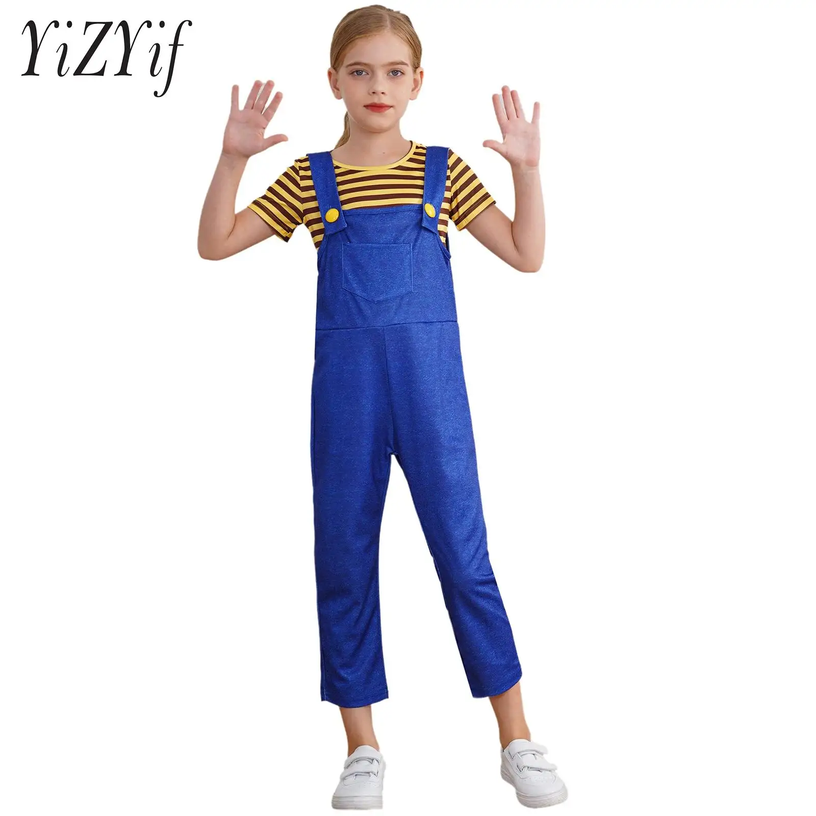 

Children Unisex Cartoon Costume Stripes T-shirt And Overall Set Cute Yellow And Blue Rompers