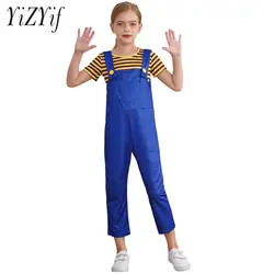 Children Unisex Cartoon Costume Stripes T-shirt And Overall Set Cute Yellow And Blue Rompers