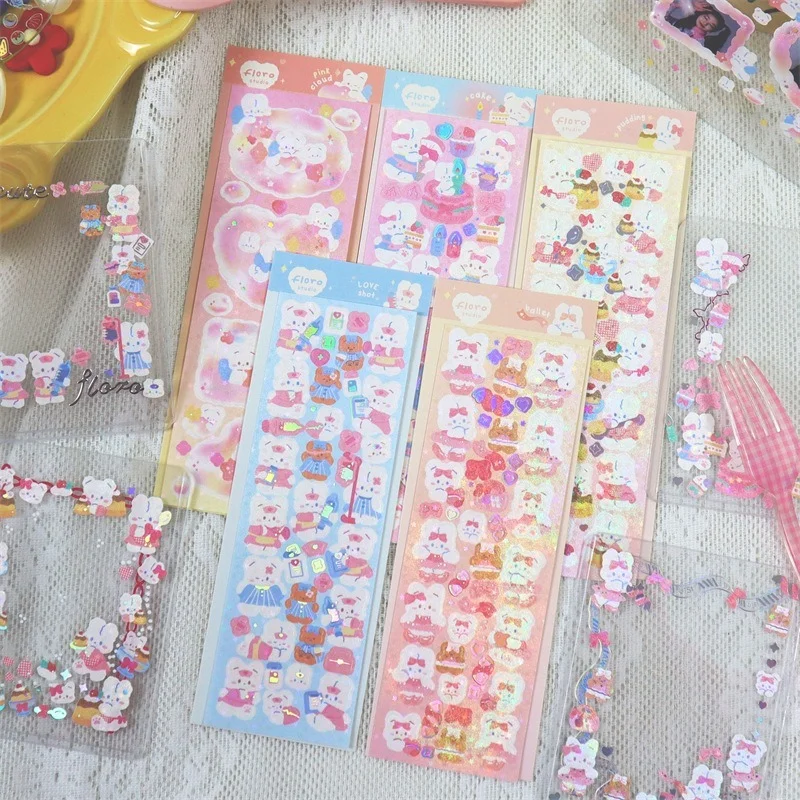 Korean Ins Laser Hot Silver Planner Sticker Cute Rabbit Animal Hand Account Stickers DIY Decorative Material