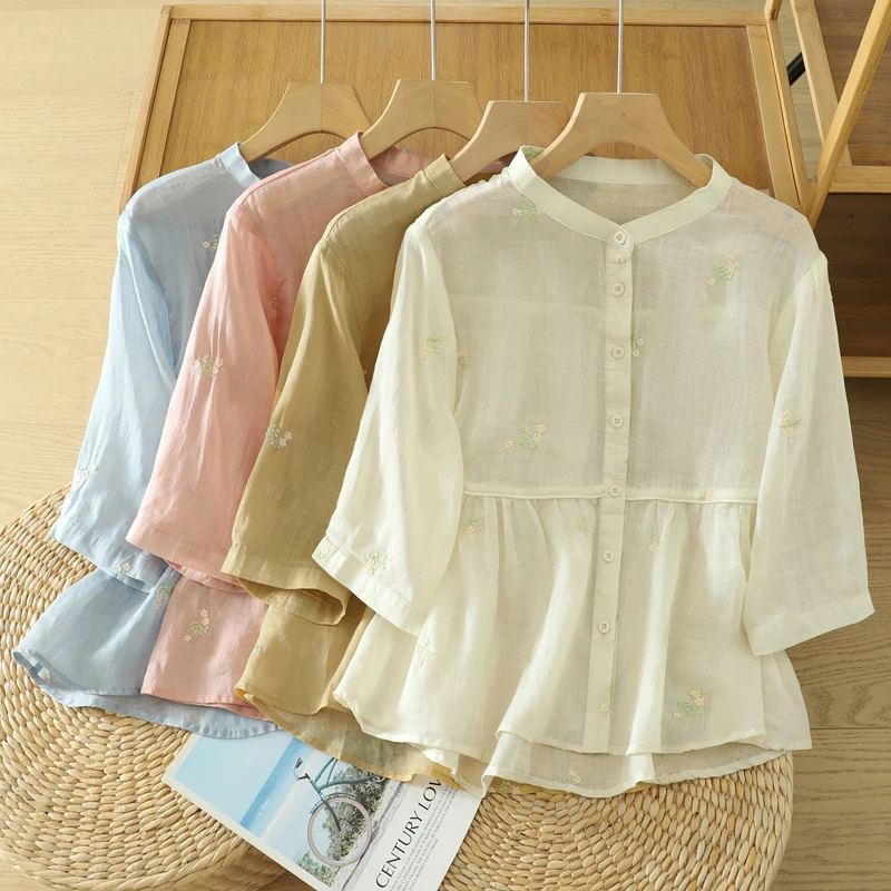 

Свободный крой с вышивкой в стиле ретро, летний женский круглый тонкий топ на одной пуговице, удобная дышащая повседневная одежда