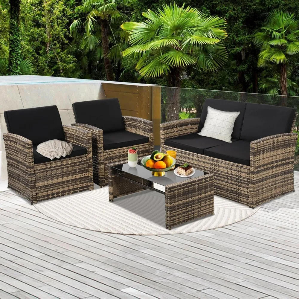 Set conversazione Patio 4 pezzi, divano componibile esterno in Rattan, Set di mobili imbottiti, divano in vimini ideale per giardino, veranda