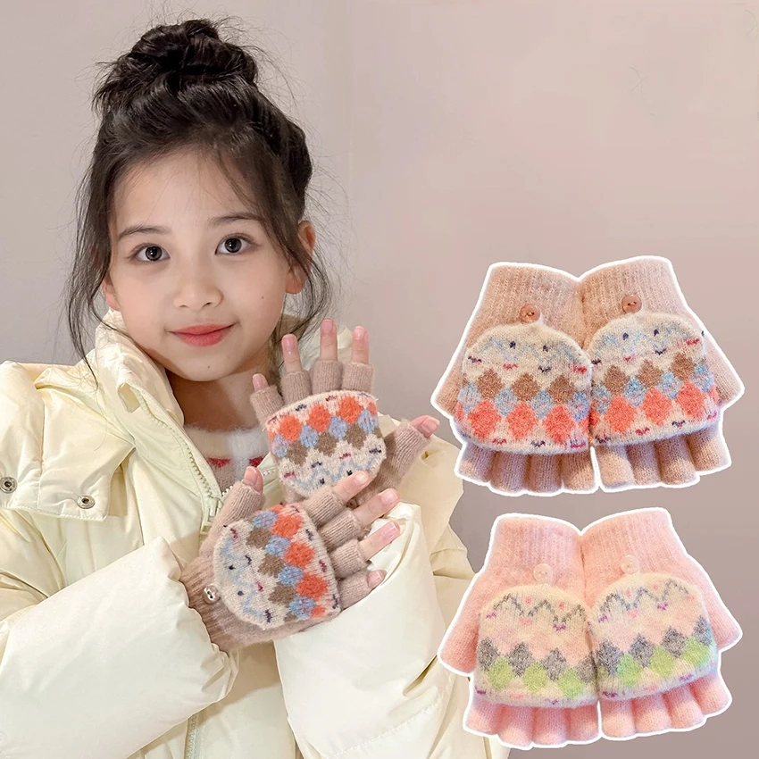 2026 New Kids Winter Convertible Gloves 2 in 1 Flip Top Half Finger & Full Finger Thickened Warm Argyle Plaid Knitted Mittens