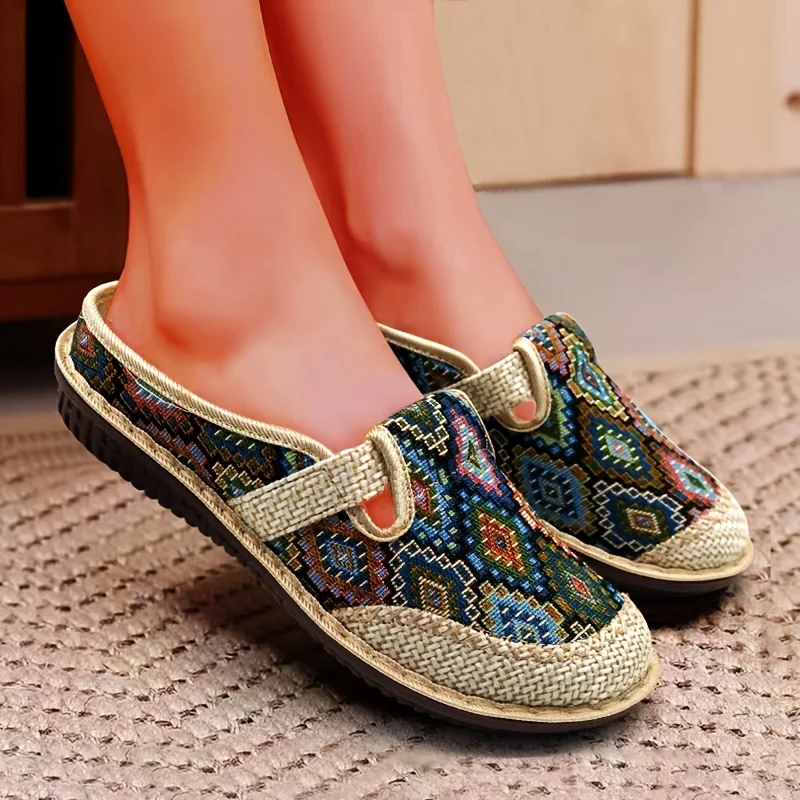 Women\'s Geometric Closed Toe Mules Round Toe Non-slip Linen Cloges Casual Slides Shoes