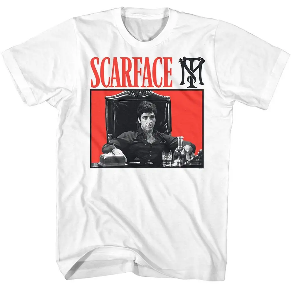 Scarface Red Bg White Adult T Shirt