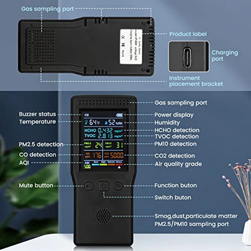 Moniteur complet de qualité de l'air 9 en 1, détecteur de formaldéhyde, compteur de CO2 intérieur, température et humidité, poignées, protected, moniteur PM2, 5