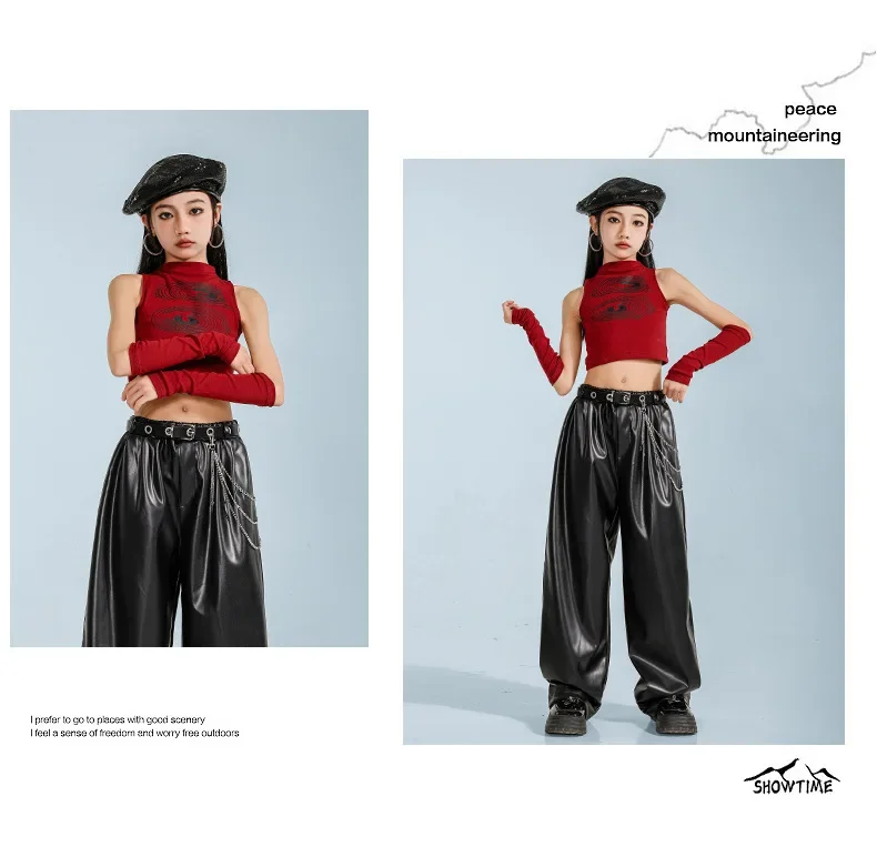 Neues Jazz-Tanzkostüm für Kinder, modische Weste, Lederhosen-Set, Tanzkostüm für Mädchen, Streetdance-Kostüm für Mädchen – Detail 7