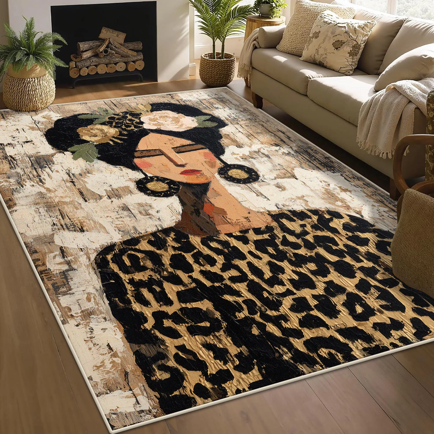 Tapis abstrait imprimé léopard, antidérapant, pour chambre à coucher, Portrait, œuvre d'art, décoration, pour salon, personnalisable