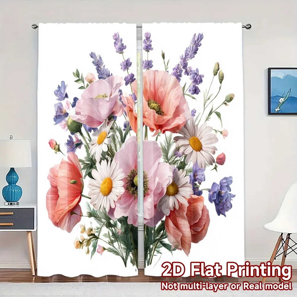 2pcs, 2D FLAT PRINTING Curtains (Without Rod) Blooming Harmony Chic Curtain Cloth Versatile 100% Polyester Curtains All Seasons