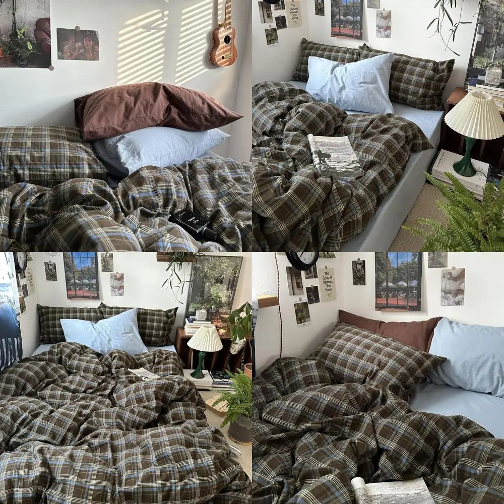 

Vintage 3-Piece Blue, Brown & Green Buffalo Plaid Duvet Cover Set - 100% Cotton, Soft, Breathable with Zipper Closure
