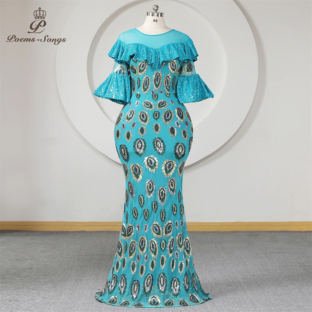 

Newest Peacock Sequined Evening Dress With Sleeves Mermaid Ruffles Sheer Neck Plus Size Women Trumpet Prom Dresses Maxi dress