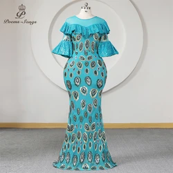 Newest Peacock Sequined Evening Dress With Sleeves Mermaid Ruffles Sheer Neck Plus Size Women Trumpet Prom Dresses Maxi dress