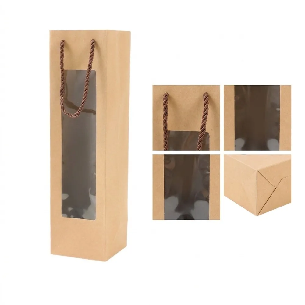 24 Elegant Brown Single Bottle Presentation Bags Sack Paper Construction with Clear Front Window and Comfortable Handles