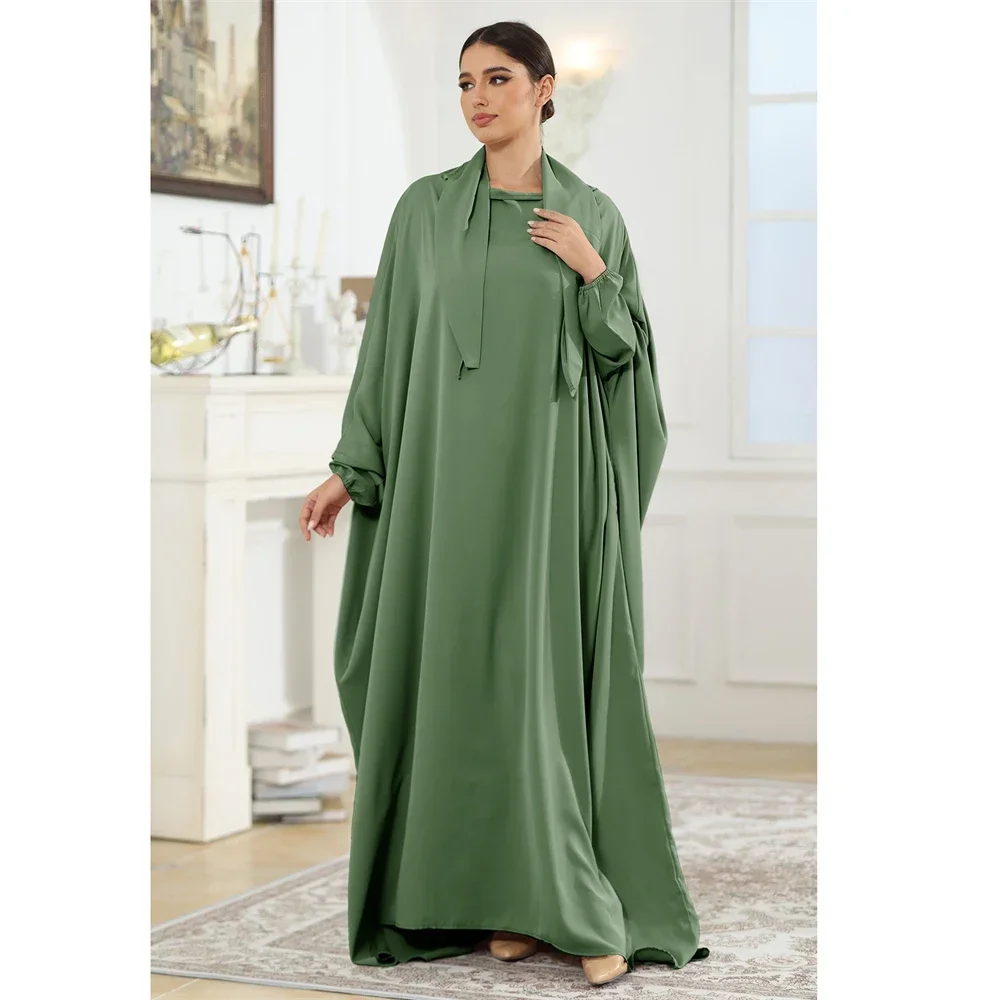 Satin Abaya Frauen Muslim Lange Khimar Lose Fledermaus Ärmel Maxi Kleid Türkei Gebet Krawatte Zurück Eid Ramadan Kaftan Islamischen Jalabiya Robe