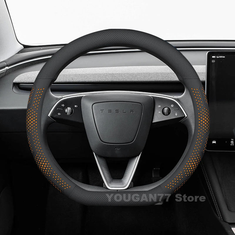 

Leather Car Steering Wheel Cover For Tesla Model 3 Highland 2024 2025 Non-slip Auto Steering Wheel Tesla Model 3 Accessories
