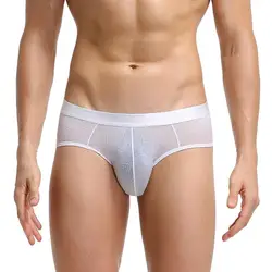 Breathable Ice Silk Men Briefs Mid Waist Mesh Jacquard Stretchy Underwear Underpants Male See Through Panties