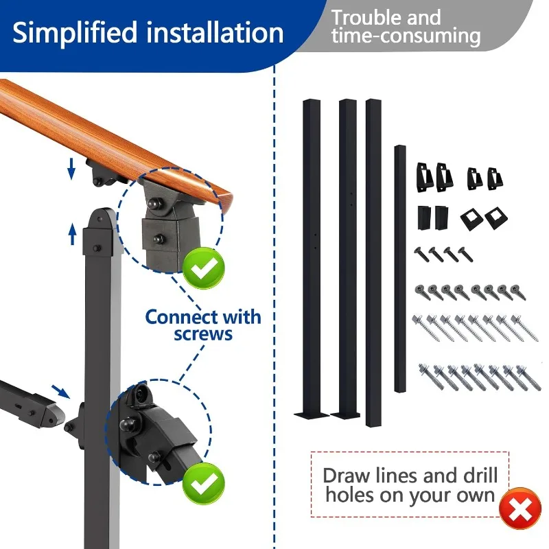 Hand Rails for Outdoor Steps, Iron Wood-Grain  Stair Railing Indoor, Adjustable Exterior Hand Rails Kit for Concrete Steps,