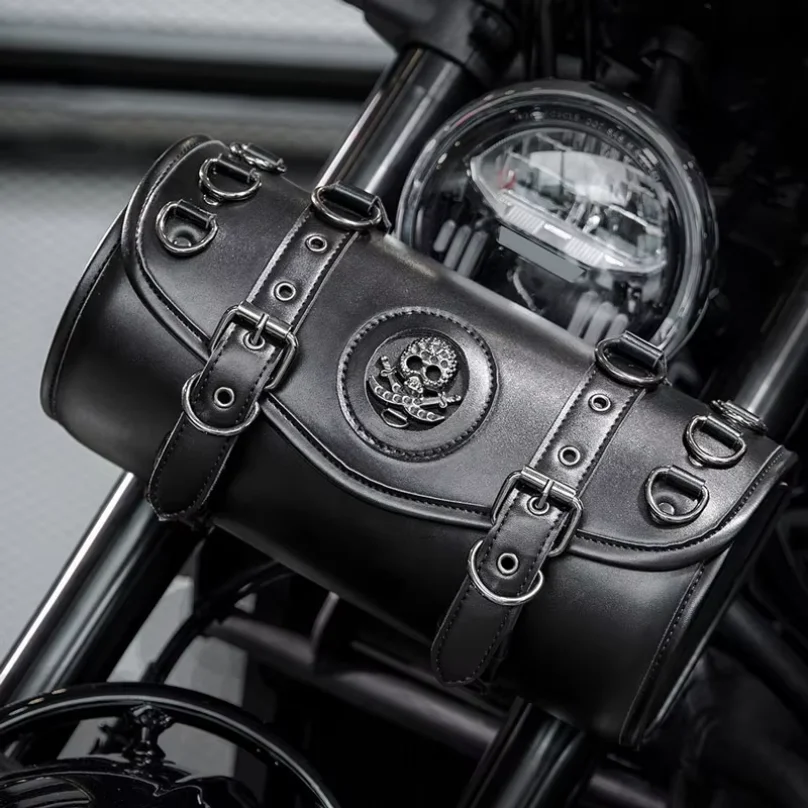 Punk Style Retro Motorcycle Pendant Bag Motorcycle Front Fork Handlebar Bag Storage Pouch Capacity Tank Bag PU Leather Tool Bag