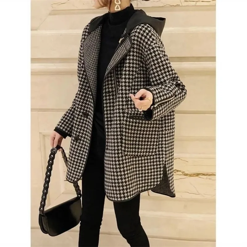 2023 Spring Autumn New Korean Hooded Thousand Bird Plaid Woolen Coat Mid length Loose Fashion Slim Woolen Coat Commuter Plaid