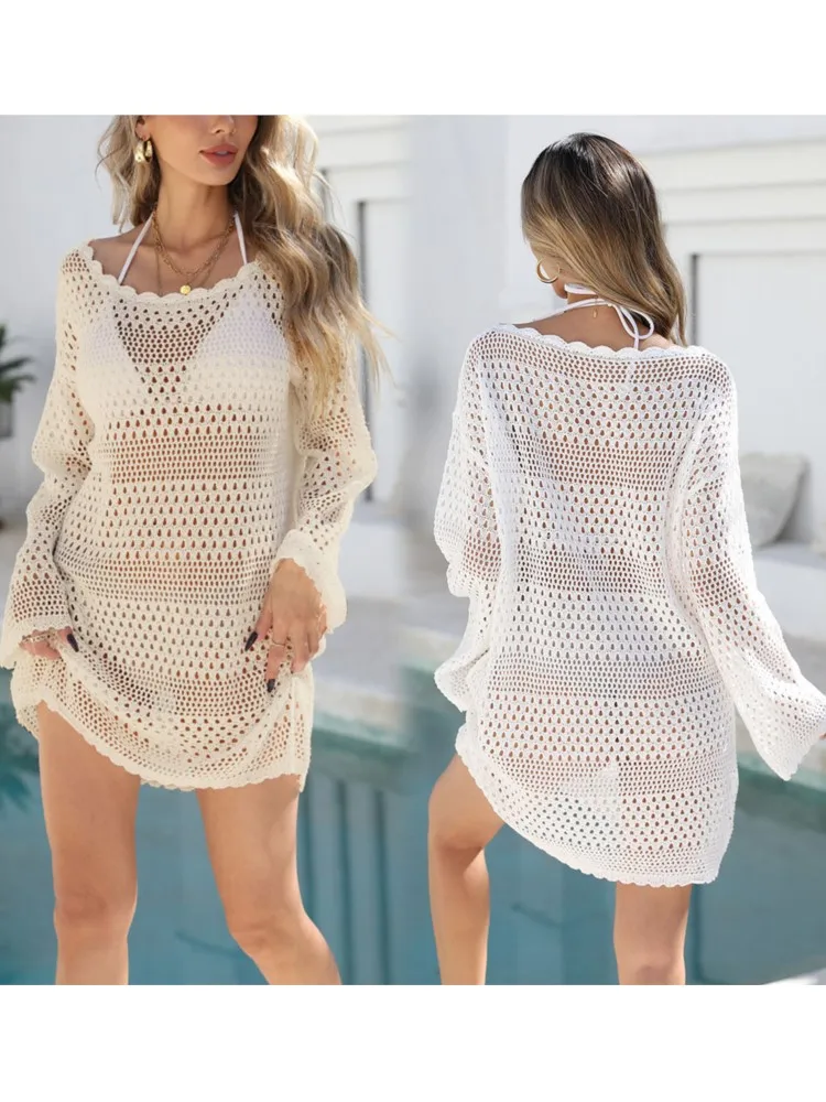 Sexy Boho Chic O-Collo Cover-Up Cut-Out Manica lunga Maglia Beach Mini abito 2026 Donne di estate Vacanza al mare Costume da bagno Cover Up