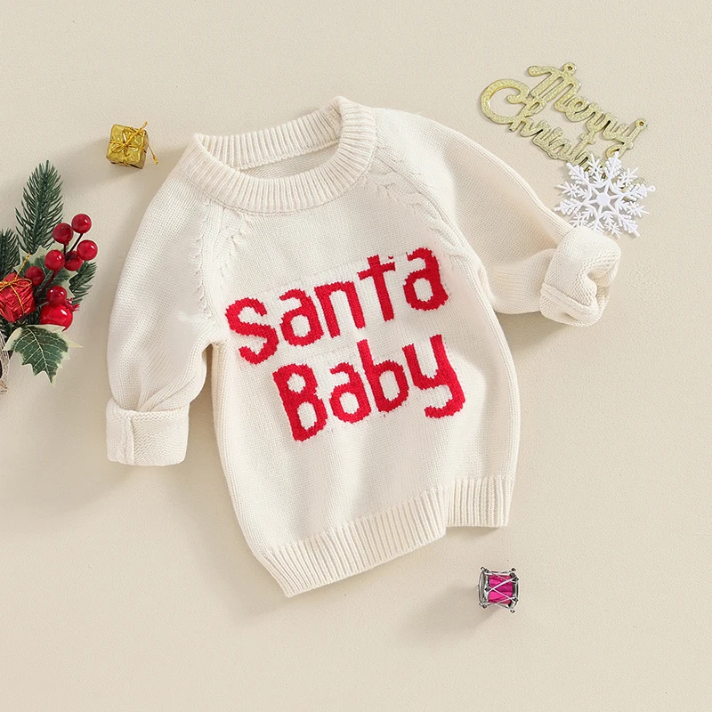 Children s Christmas Sweaters with Long Sleeves and Round Neckline Featuring Letter Print Design Cozy Knit Pullovers for Kids