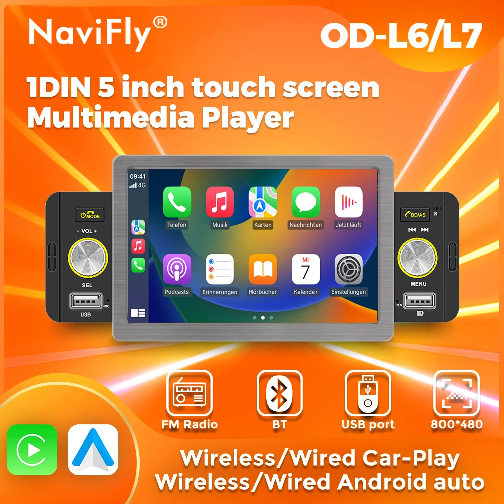 

NaviFly Wireless Carplay Car Radio, 1Din MP5 Player, Autoradio Stereo, 5 "Touch Screen, Android Auto Universal Multimedia Player