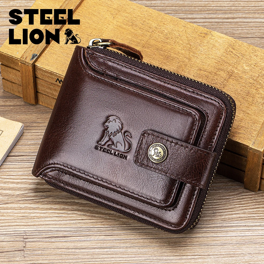 

Мужской кошелек STEEL LION из натуральной кожи, первый слой воловьей кожи, отделение для монет, большая вместимость, на молнии, в европейском и американском ретро-стиле