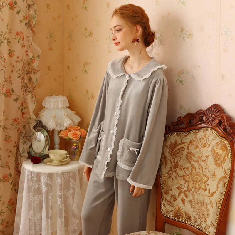 Sweet Velvet Tops Pants Loungewear Fairy Long Sleeve Pajamas Sets Romantic Princess Sleepwear Nightwear White Cute Lace Pajama