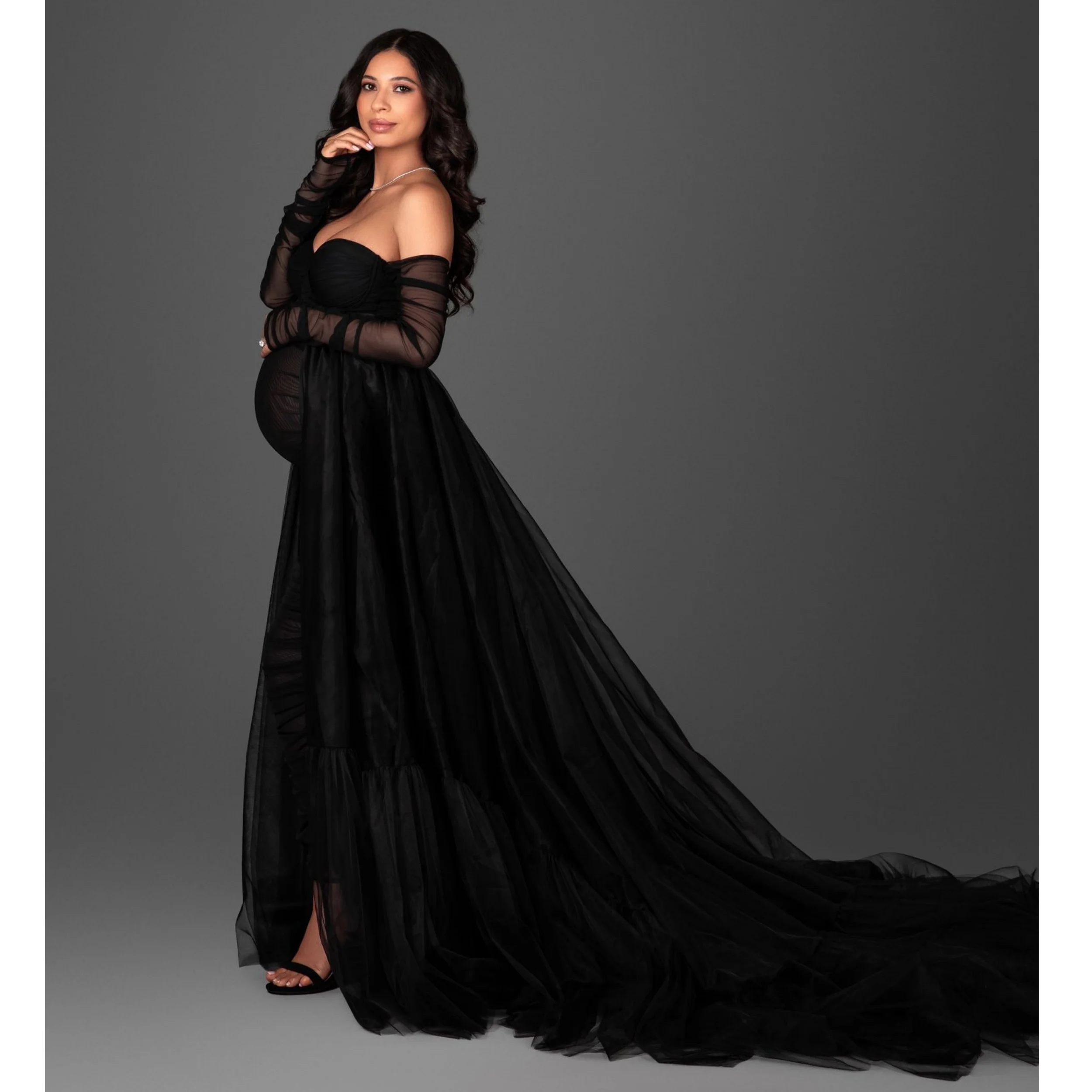 

Elegant Black Maternity Dresses Two Pieces Long Tulle Sleeves Baby Shower Dress Ruched For Pregnant Gowns Customized Photoshoot