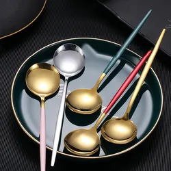 Stainless Steel Big Head Round Spoon Net Red Golden Dinner Long Handle Stirring Dessert Spoons For Kitchen Accessories Gadgets