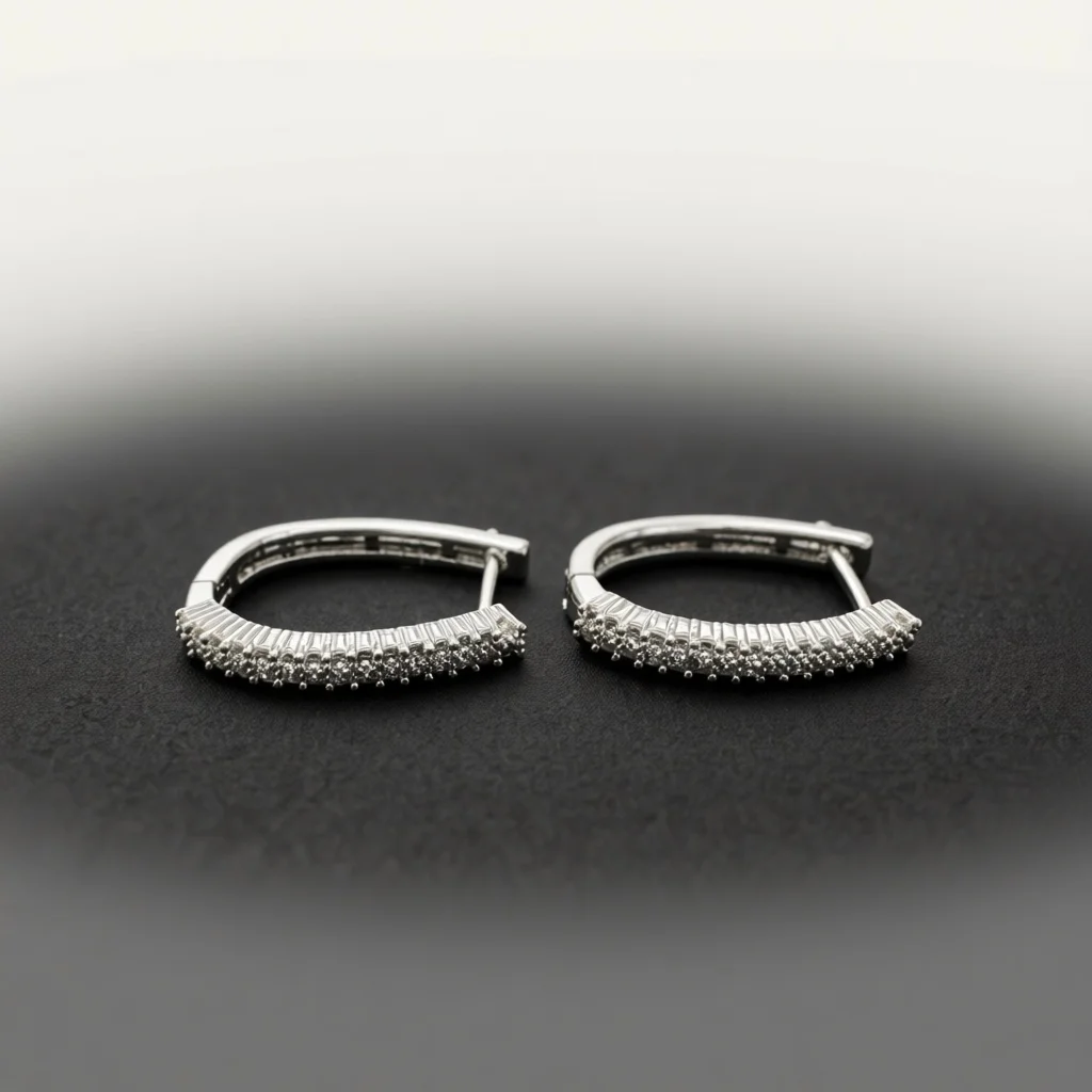 Silver Tone Oval Pave Zircon Click‑Top Hoop Earrings for Women, Inner Hollow Snap‑On Ear Clips, Sleek Fashion Ear Jewelry